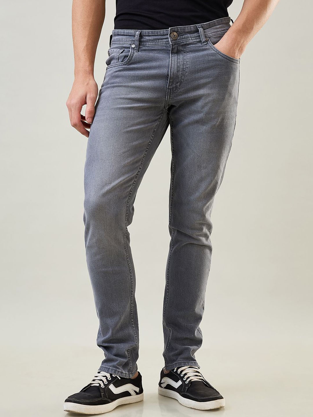 

TIM PARIS Men Tapered Fit Low Distress Light Fade Jeans, Grey