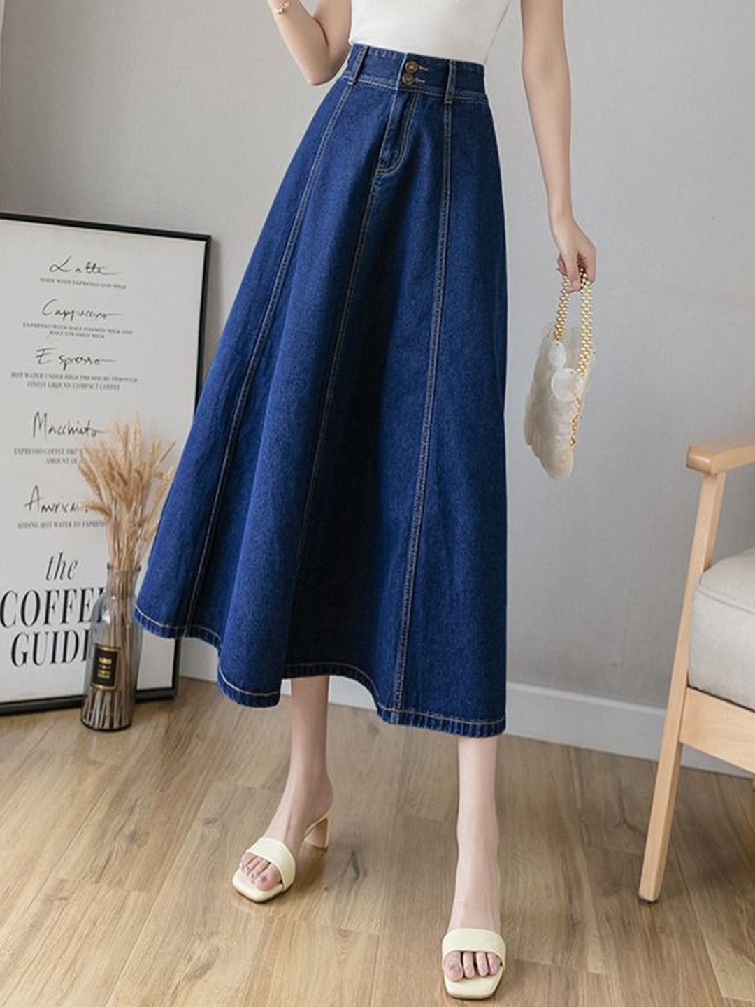 

StyleCast Women Knee Length Flared Denim Skirt, Blue