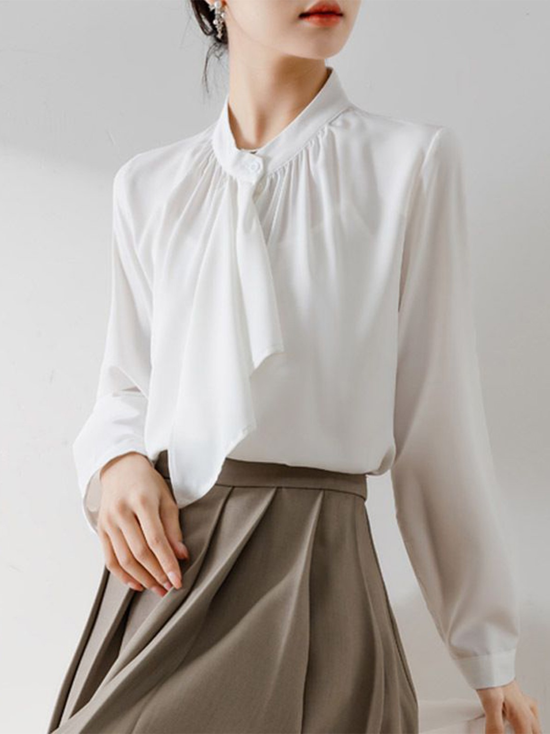 

StyleCast Mandarin Collar Cuffed Sleeves Shirt Style Top, White