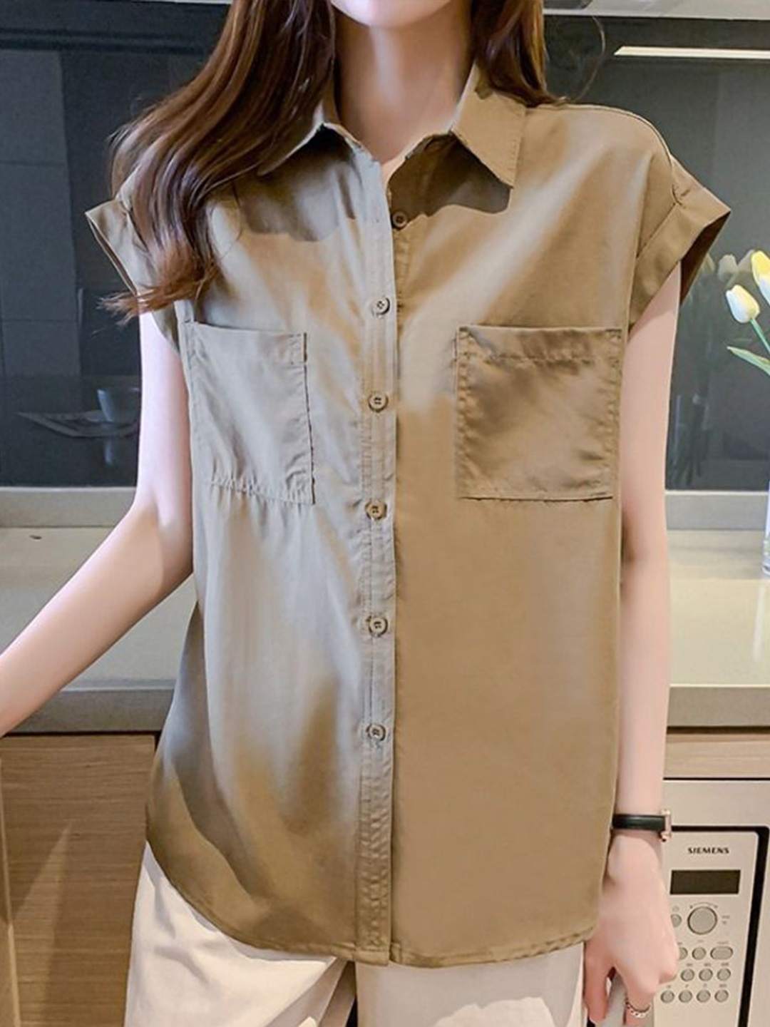 

StyleCast Women Shirt Collar Cap Sleeves Shirt Style Top, Brown