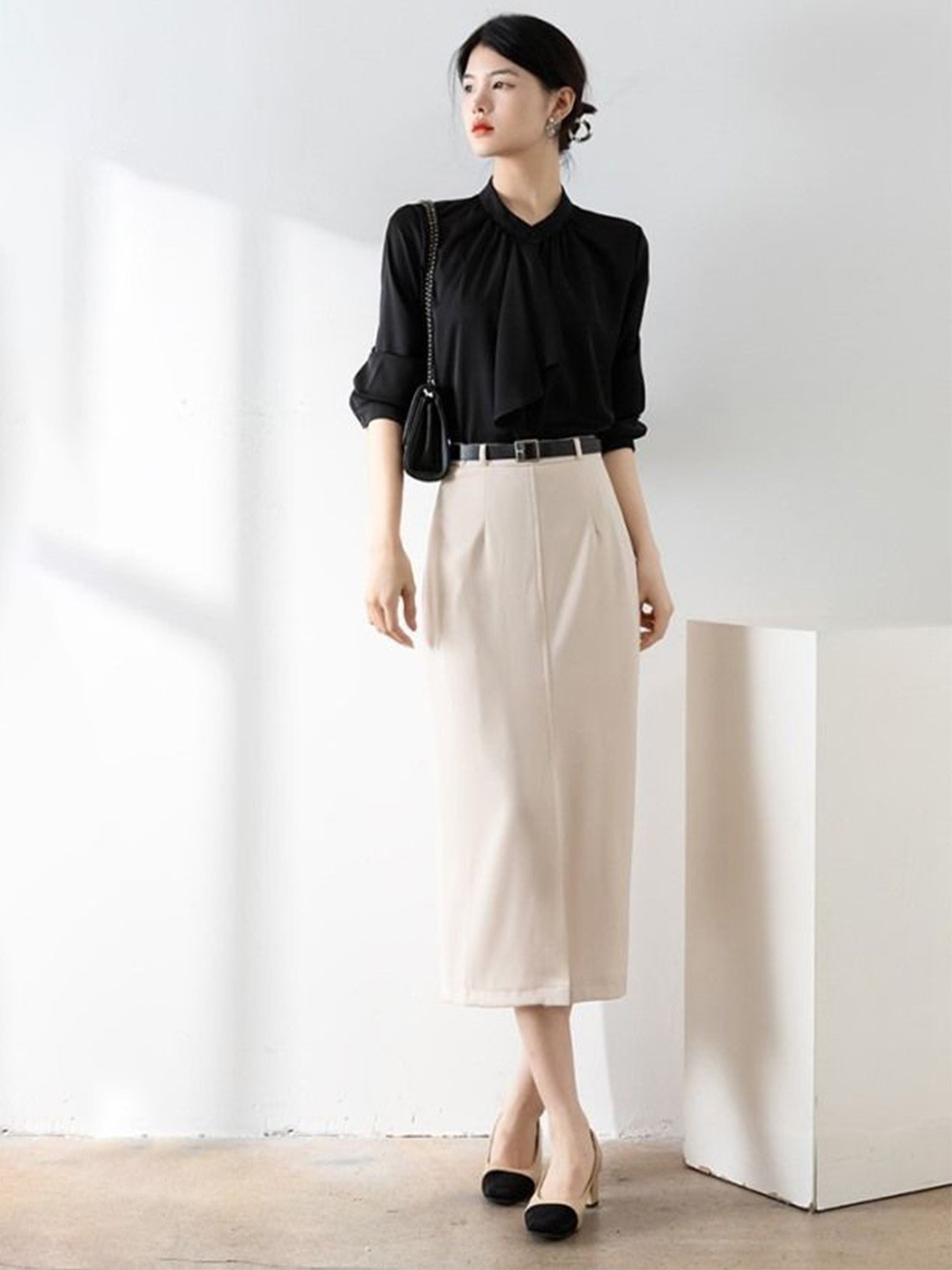 

StyleCast Women Mandarin Collar Cuffed Sleeves Shirt Style Top, Black