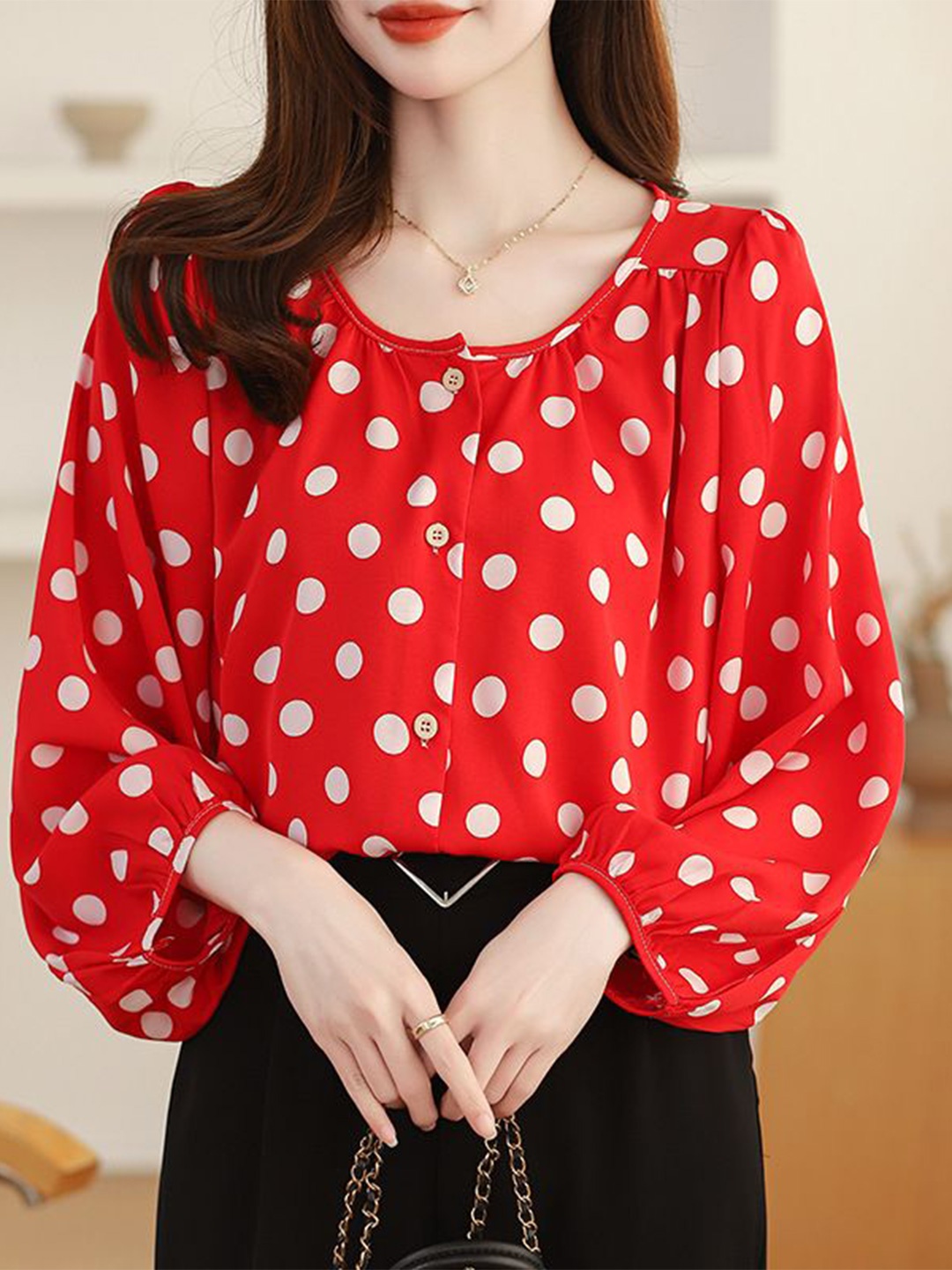 

StyleCast Women Polka Dot Printed Shirt Style Top, Red