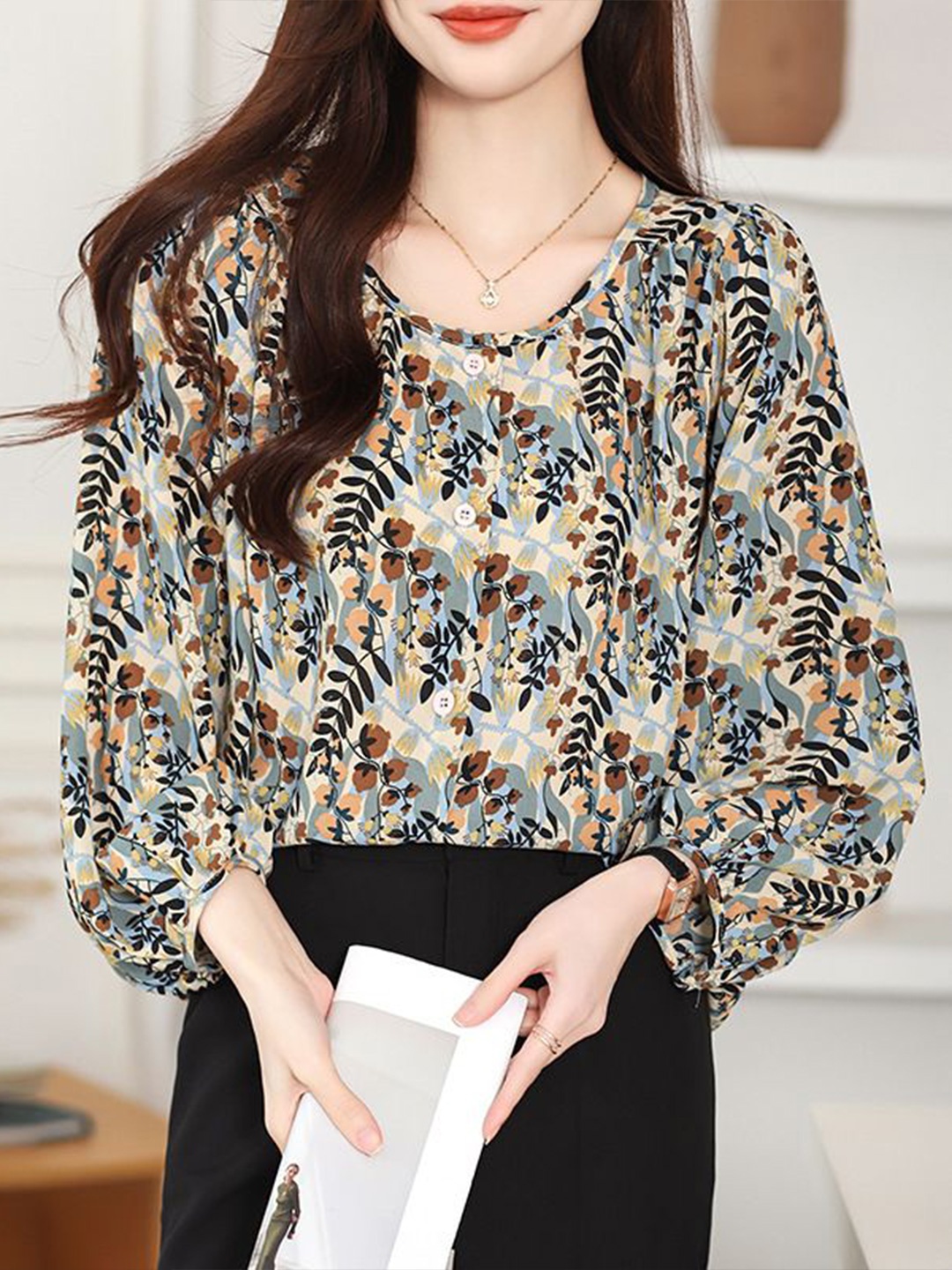 

StyleCast Women Floral Printed Round Neck Puff Sleeves Shirt Style Top, Brown