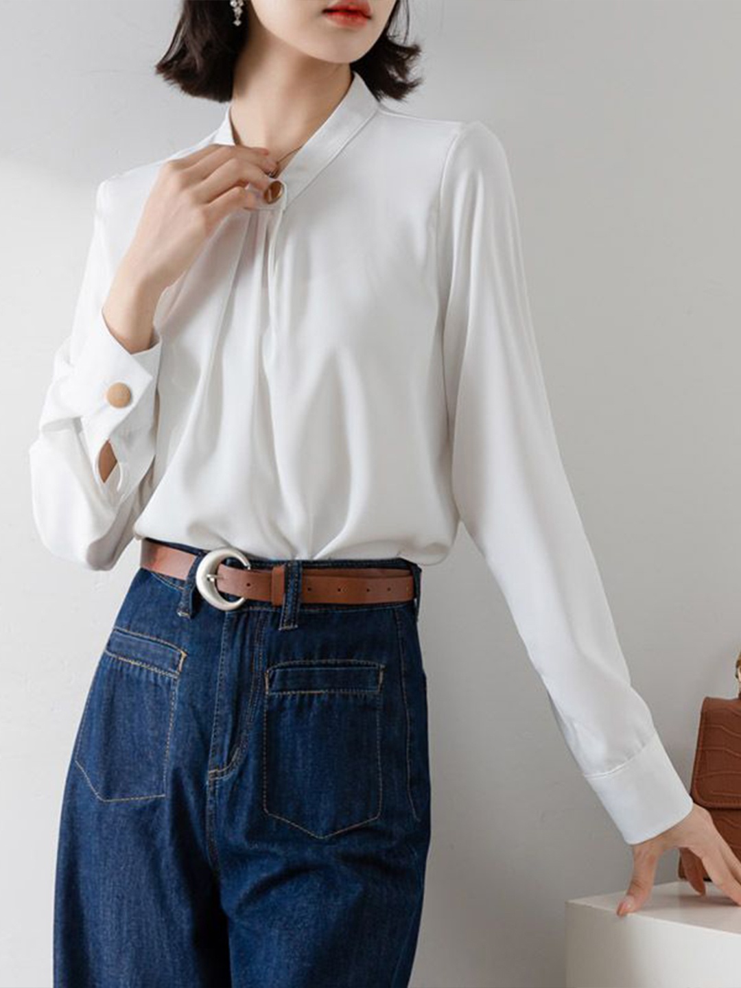 

StyleCast Women Mandarin Collar Shirt Style Top, White