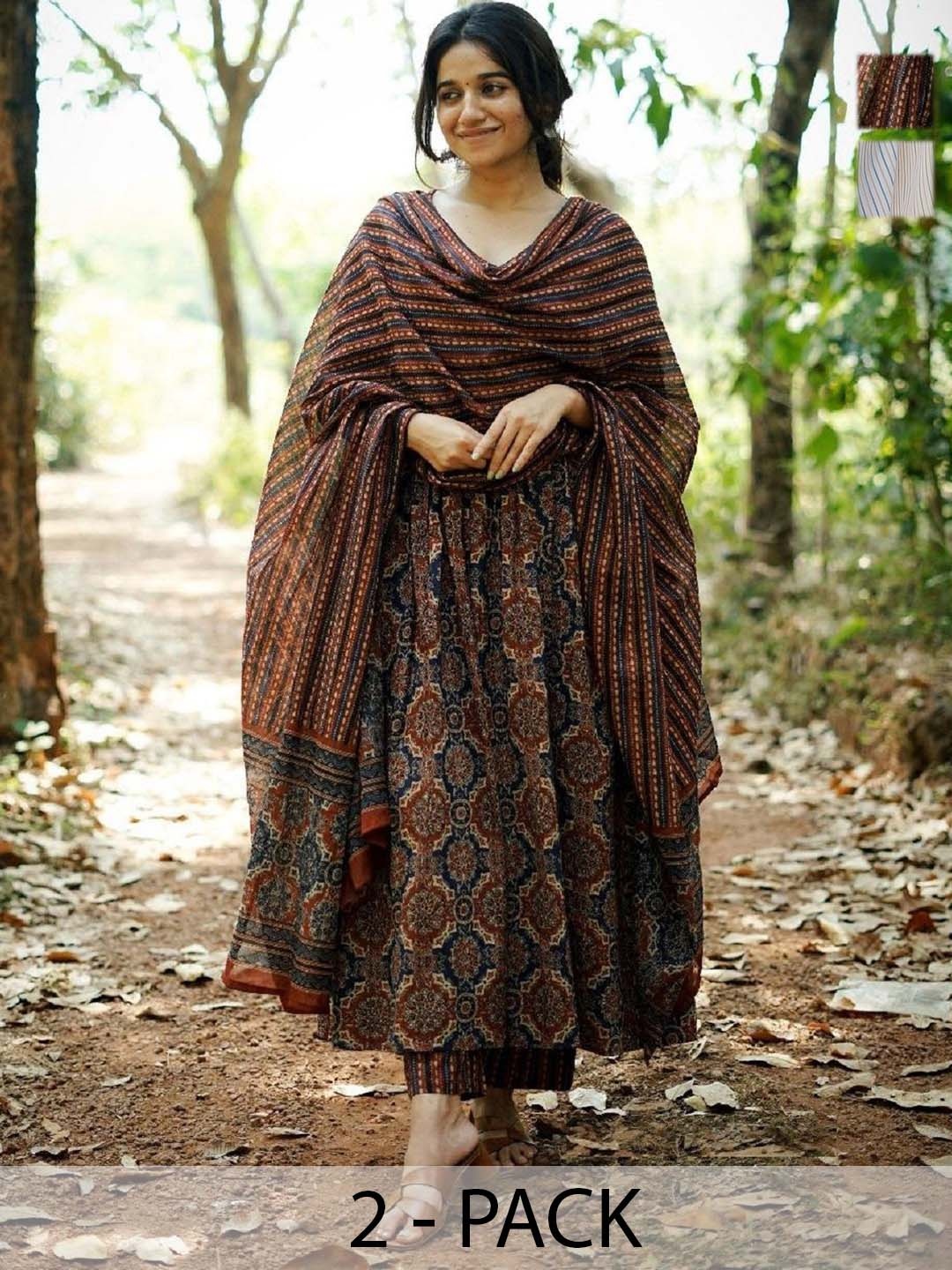 

KALINI Selection Of 2 Ethnic Motifs Printed Anarkali Kurtas With Trousers And Dupattas, Brown