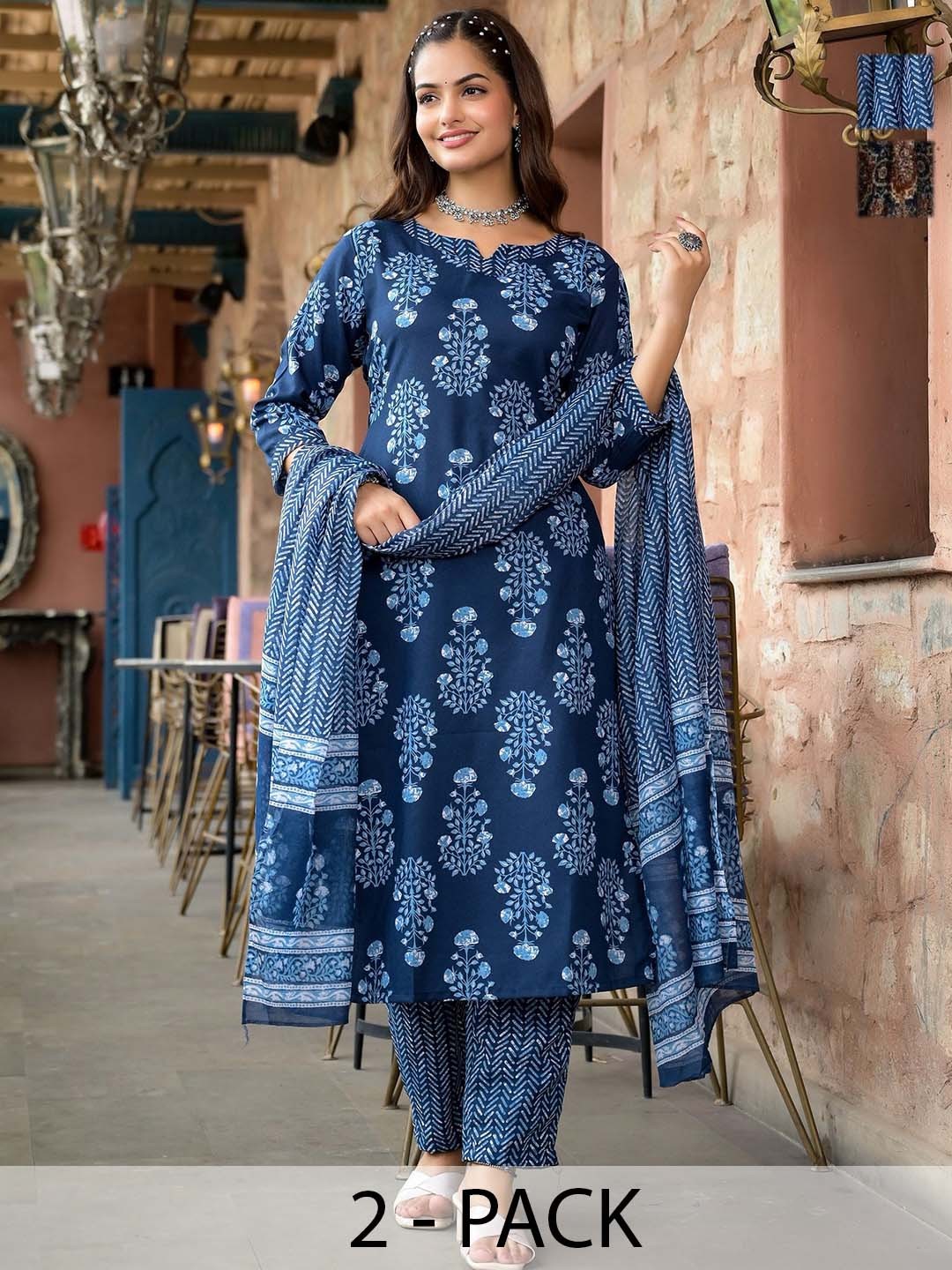 

KALINI Selection Of 2 Floral Printed Notch Neck Straight Kurtas With Trousers And Dupattas, Blue