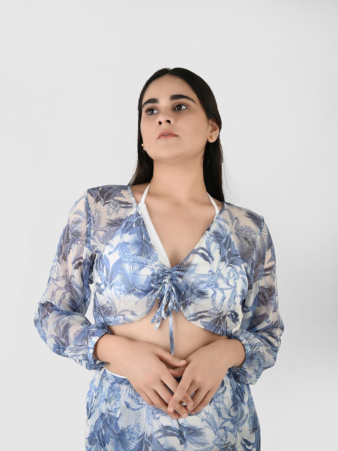 

Blissence Women Tropical Printed Tie Up Swimwear Cover Up Top, Blue
