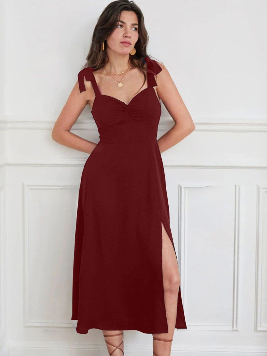 

ARAMISH Women Sweetheart Neck Side Slit A-Line Midi Dress, Maroon