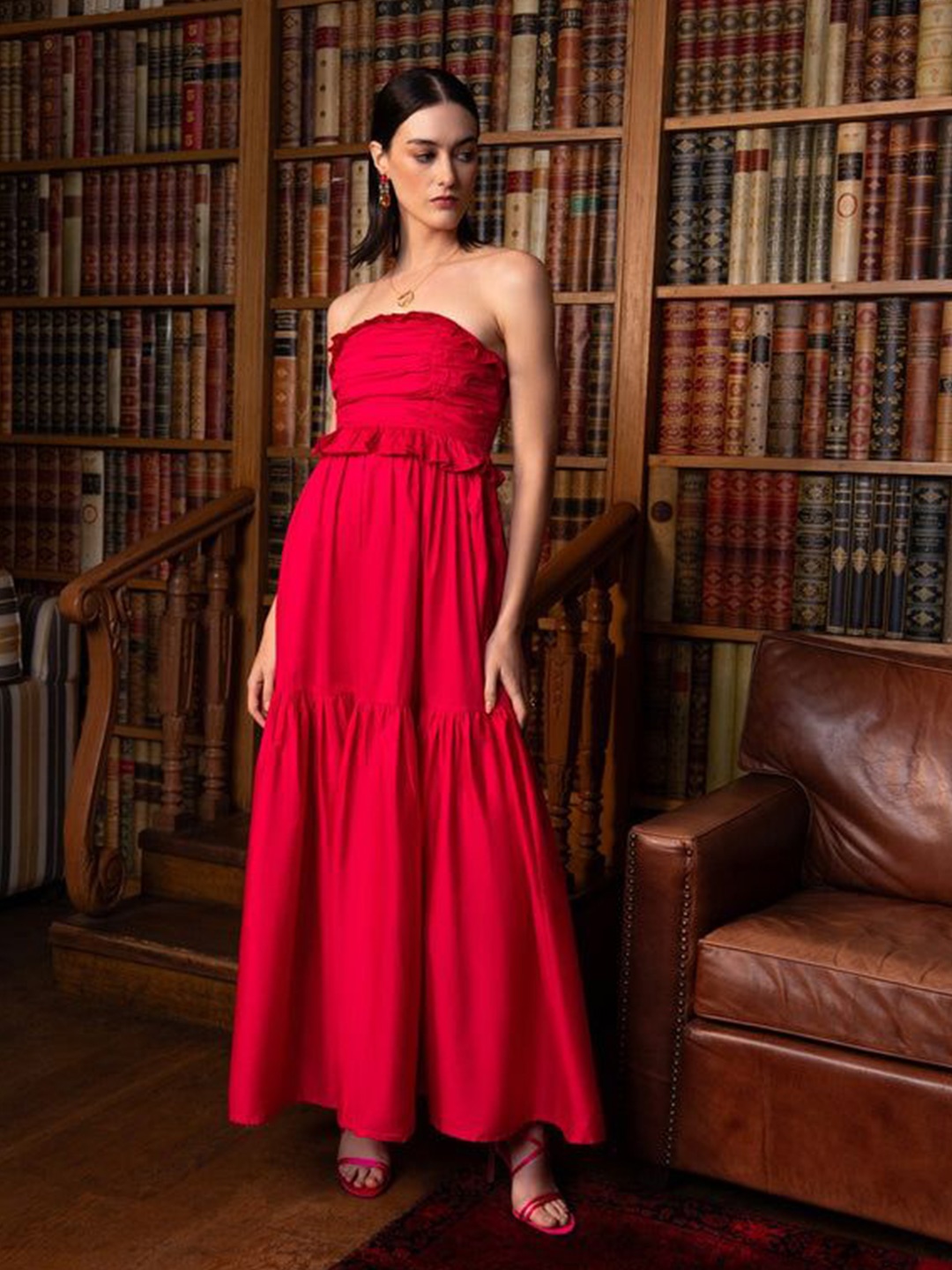 

Sage by Mala French Fuchsia Strapless Cotton Bandeau Midi Dress