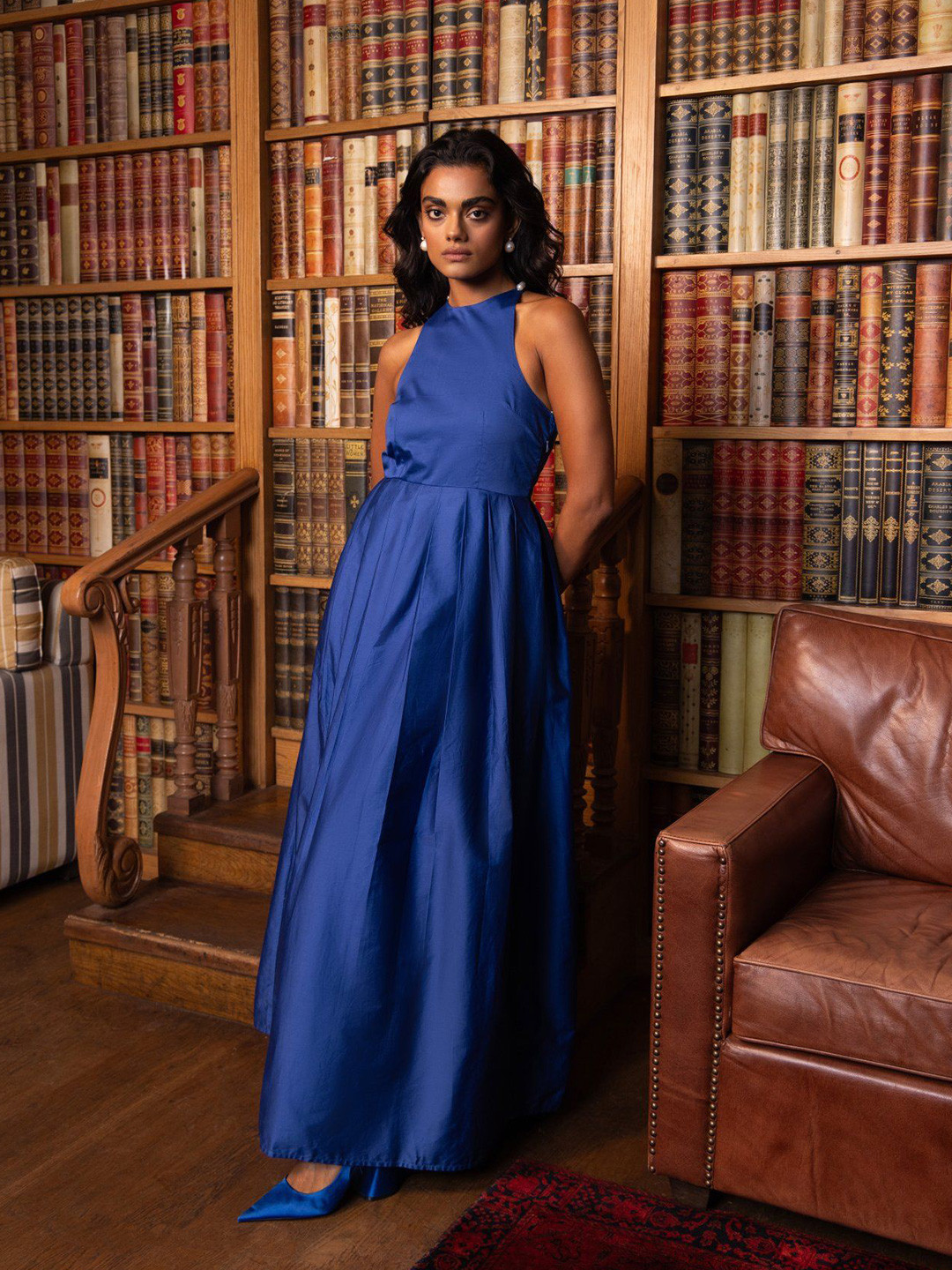 

Sage by Mala Sapphire Dream Halter Neck Sleeveless Satin Fit and Flare Maxi Dress, Blue