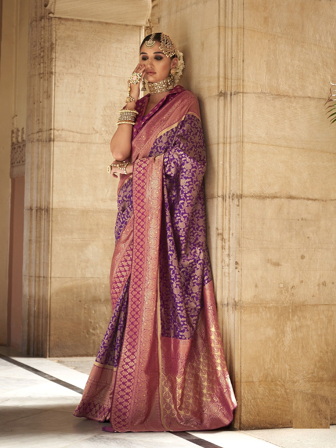 

MAHALASA Ethnic Motifs Woven Design Zari Pure Silk Kanjeevaram Saree, Purple