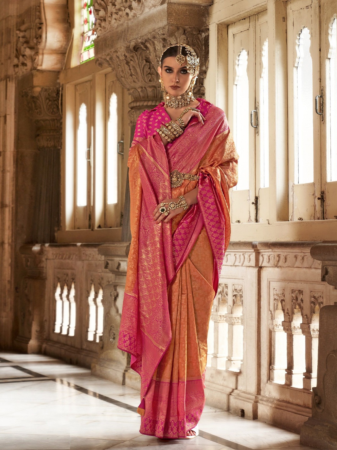 

MAHALASA Ethnic Motifs Woven Design Zari Pure Silk Kanjeevaram Saree, Orange