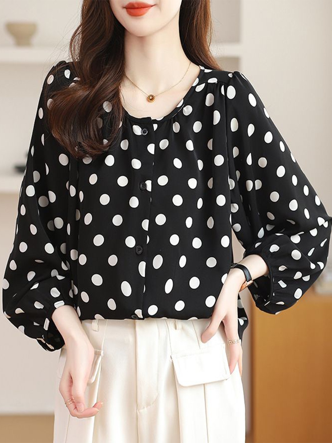 

StyleCast Women Polka Dot Printed Shirt Style Top, Black