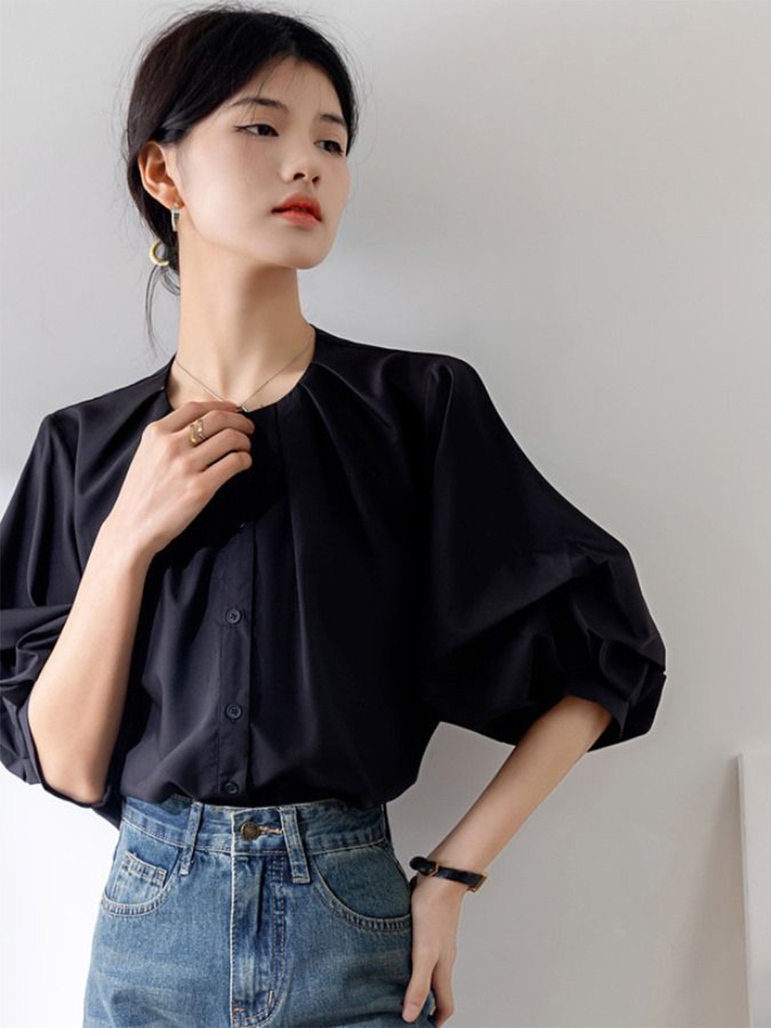 

StyleCast Women Bishop Sleeves Shirt Style Top, Black
