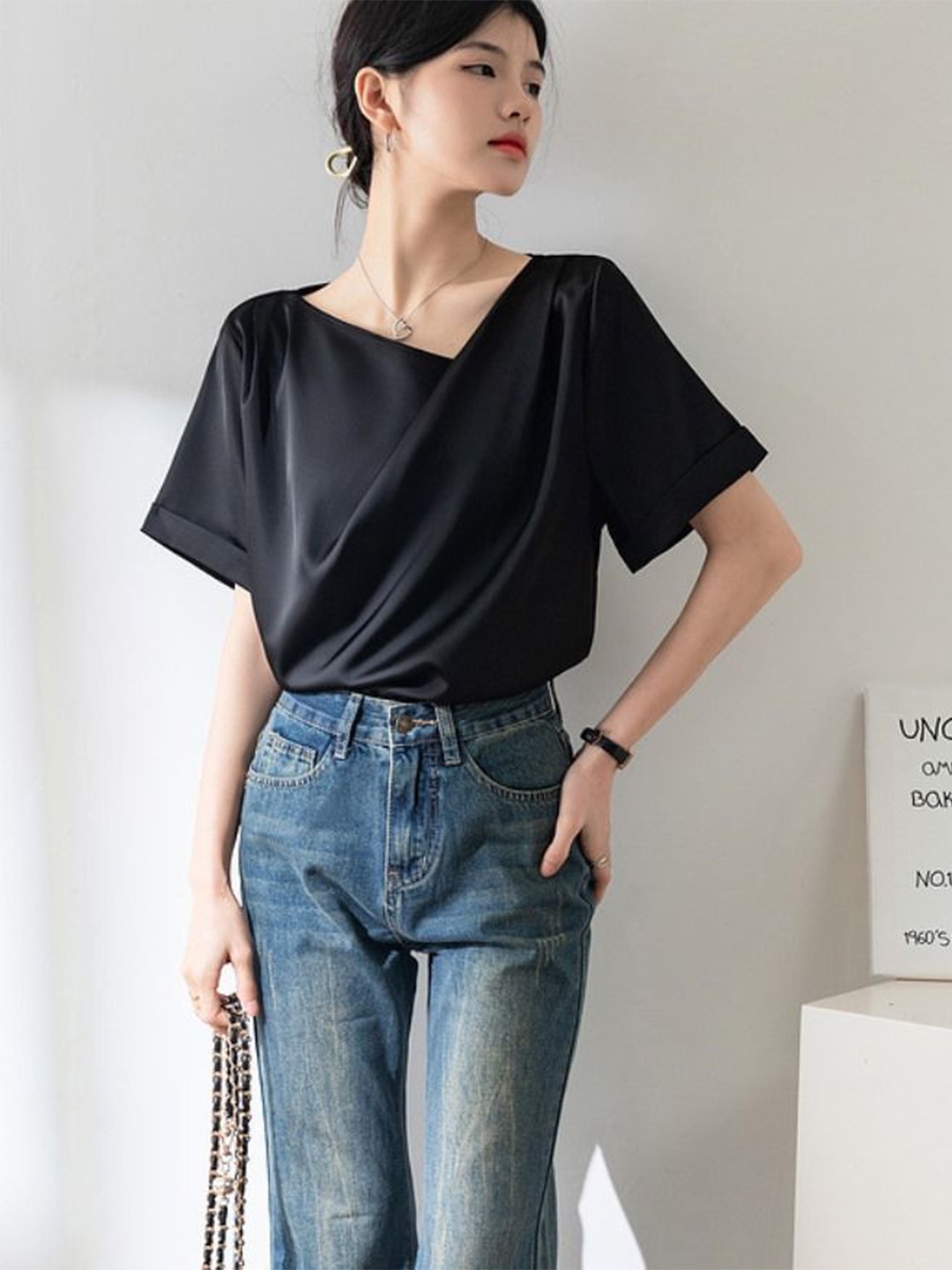 

StyleCast Women V-Neck Roll-Up Sleeves Top, Black