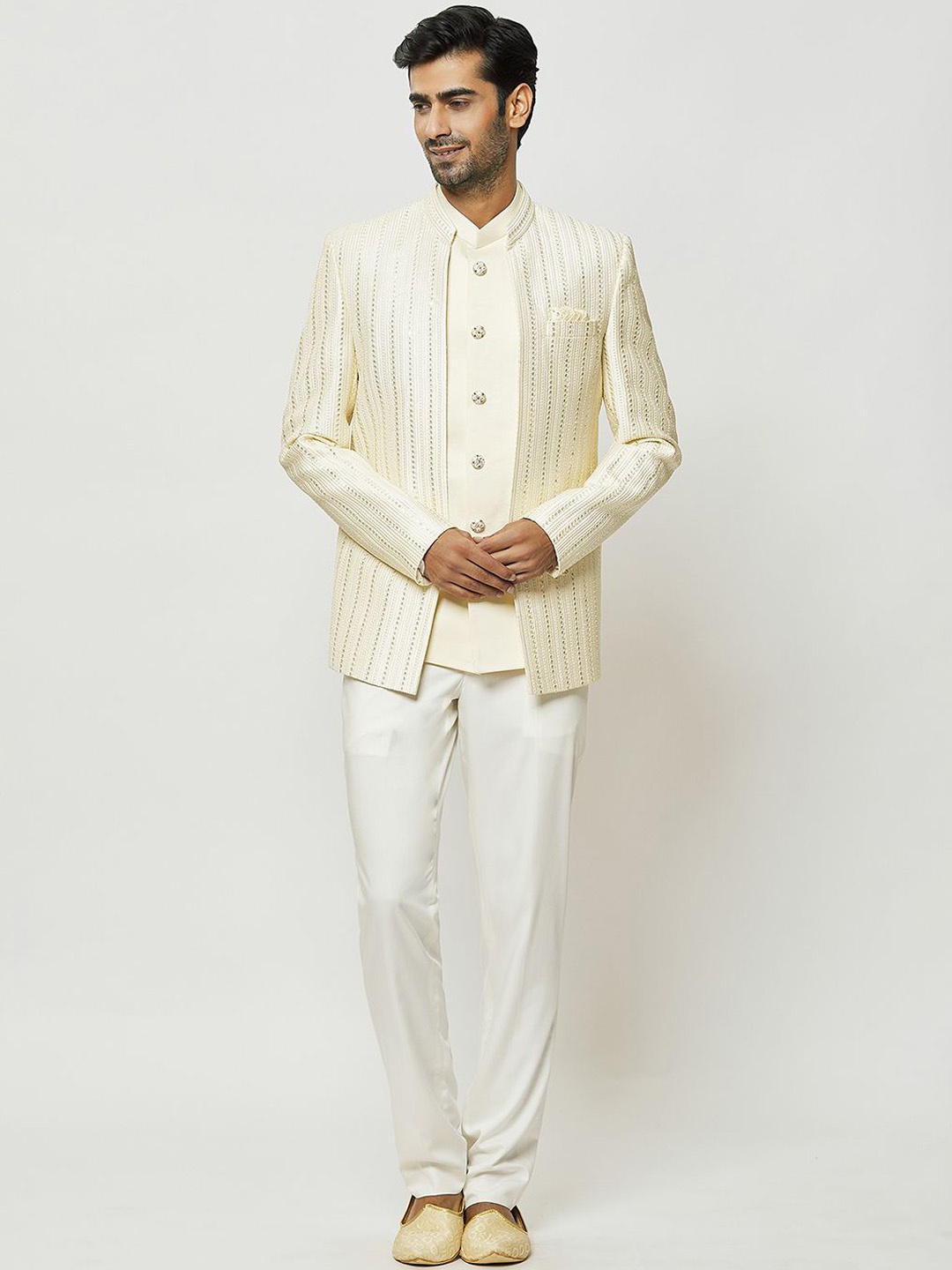 Aryavir Malhotra Men Embroidered Nehru Jacket, Cream