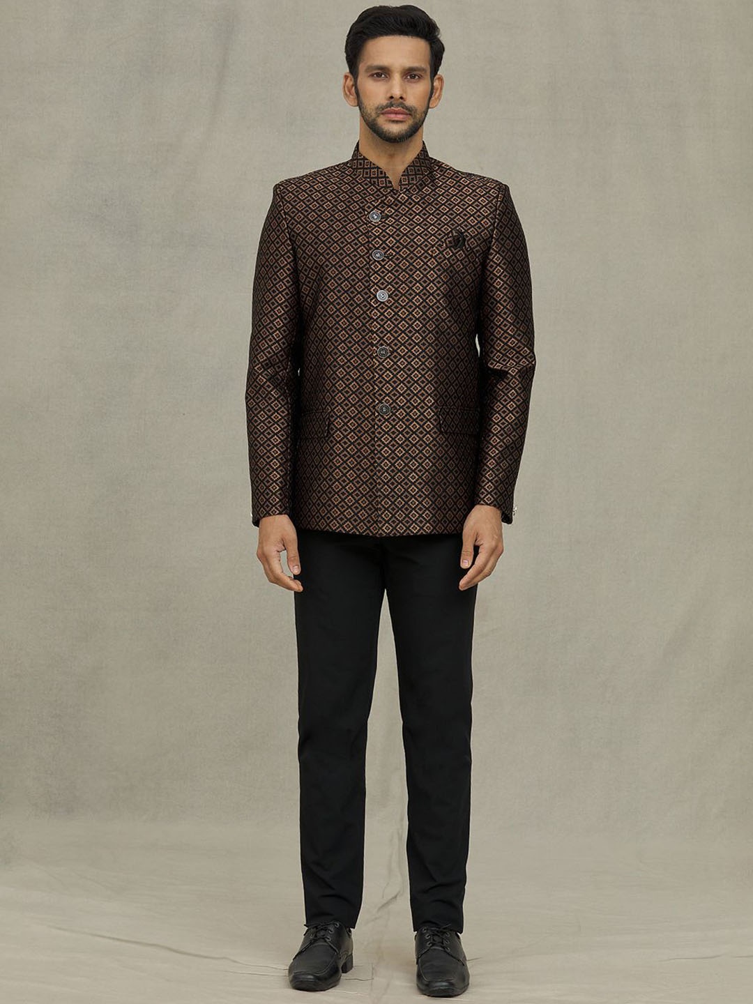 

Aryavir Malhotra Woven Geometric Bandhgala Blazer, Black