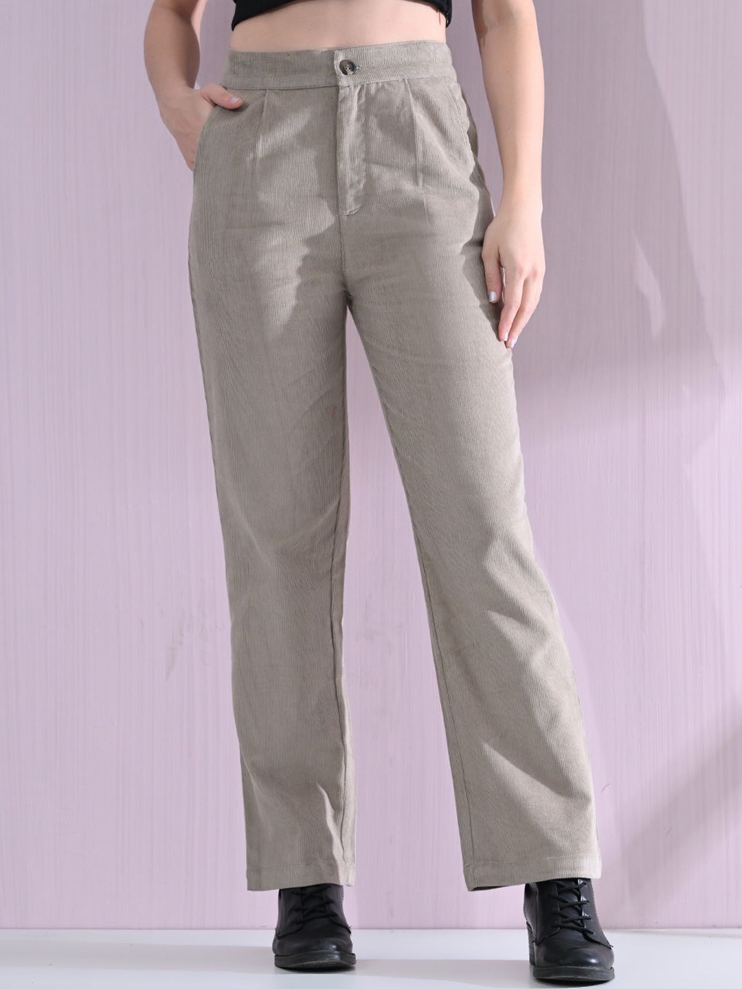 

OWL MINK Women Comfort High-Rise Regular Fit Cotton Trouser, Grey