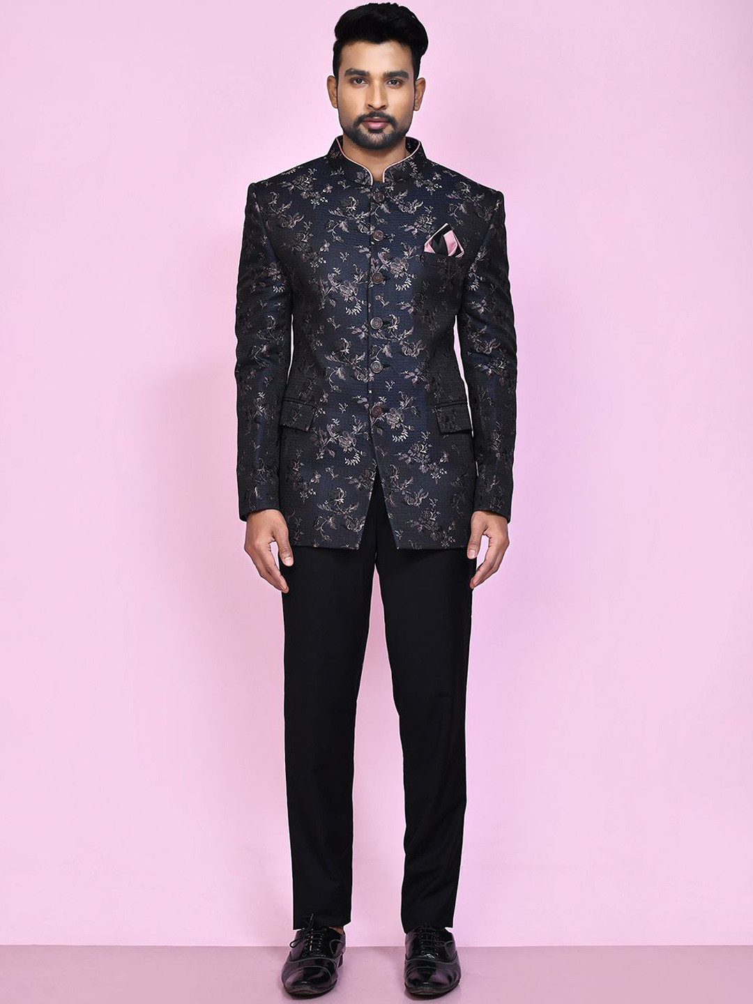 

Aryavir Malhotra Woven Bloom Bandhgala Blazer, Black