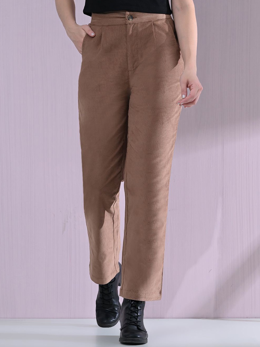 

OWL MINK Women Comfort Fit High-Rise Cotton Trouser, Brown