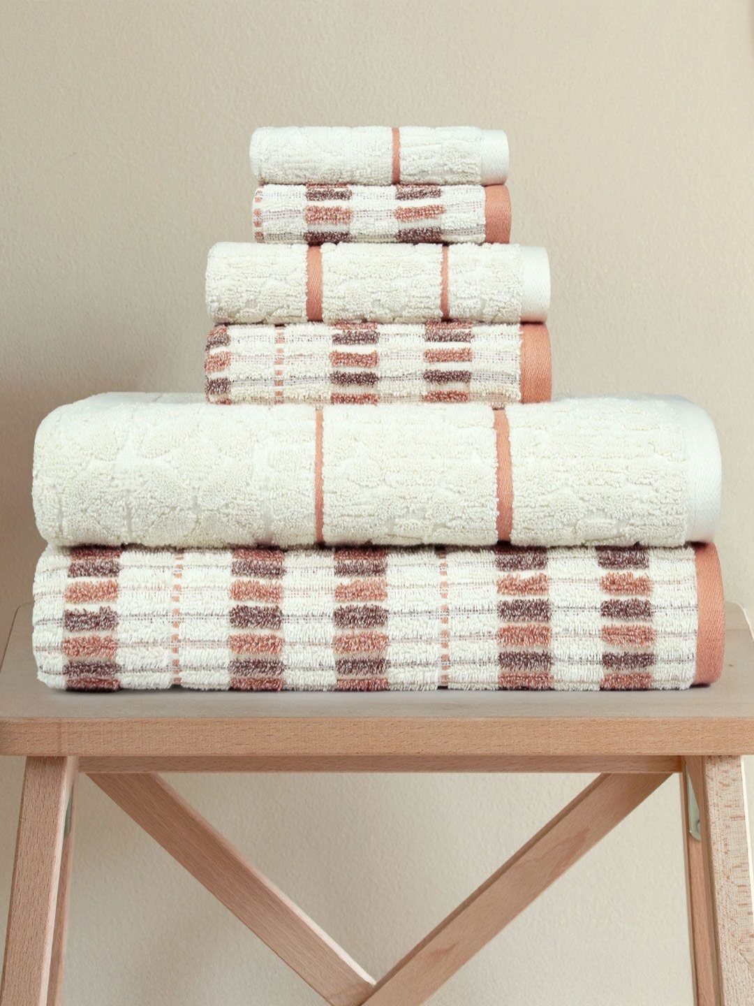 

MYTRIDENT White & Beige 6 Pieces Printed Pure Cotton 600 GSM Towel Set
