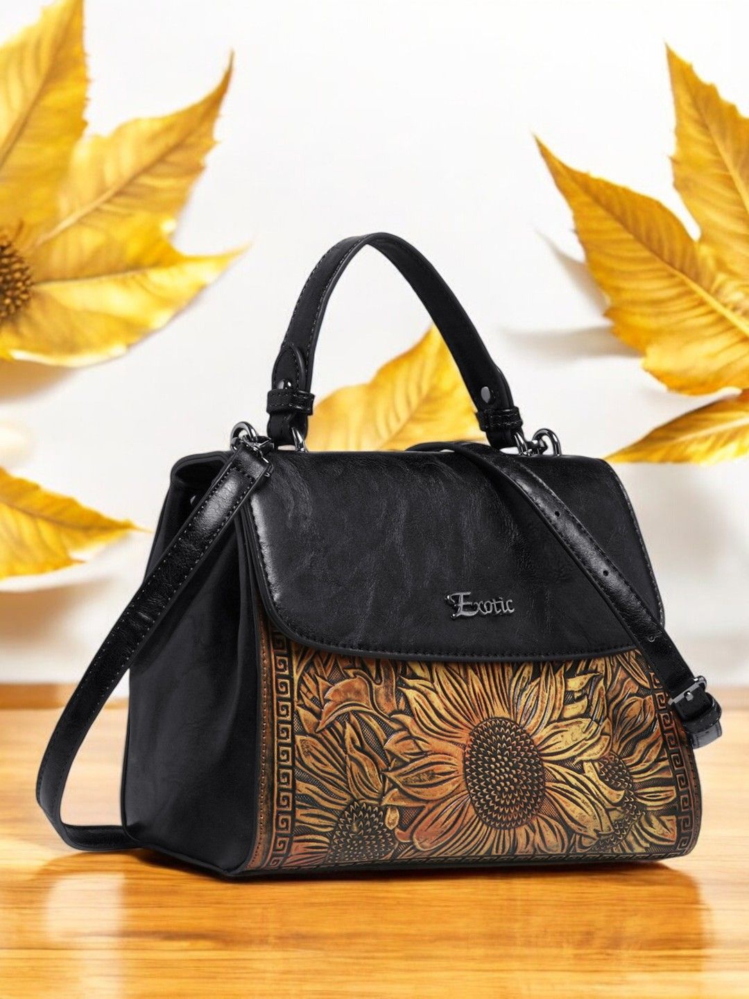 

Exotic Women Floral Printed Structured Satchel Bag, Black