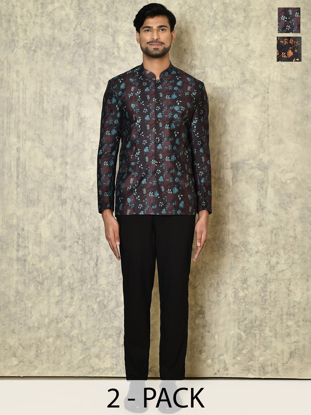 

Aryavir Malhotra Men Pack Of 2 Printed Bandhgala Blazer, Black