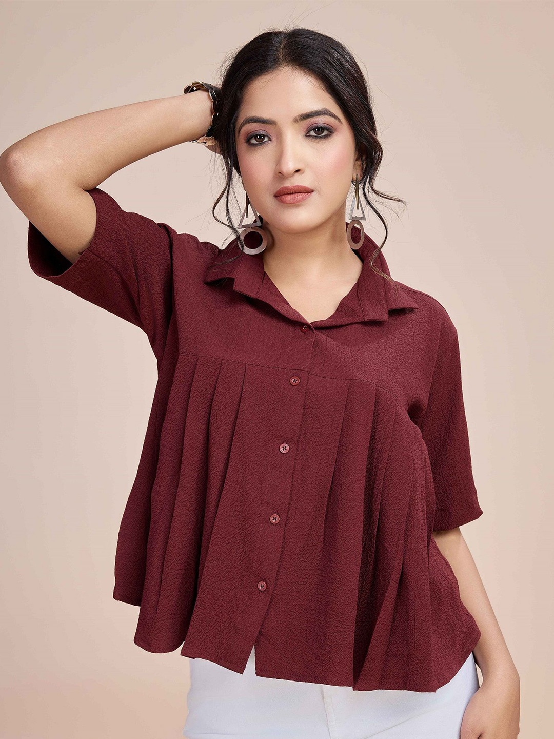 

choiceit Women Lapel Collar Relaxed Fit Shirt Style Top, Maroon