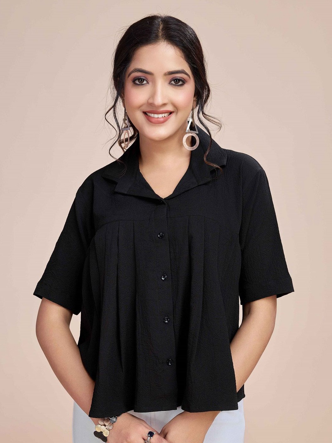 

choiceit Women Lapel Collar Relaxed Fit Shirt Style Top, Black