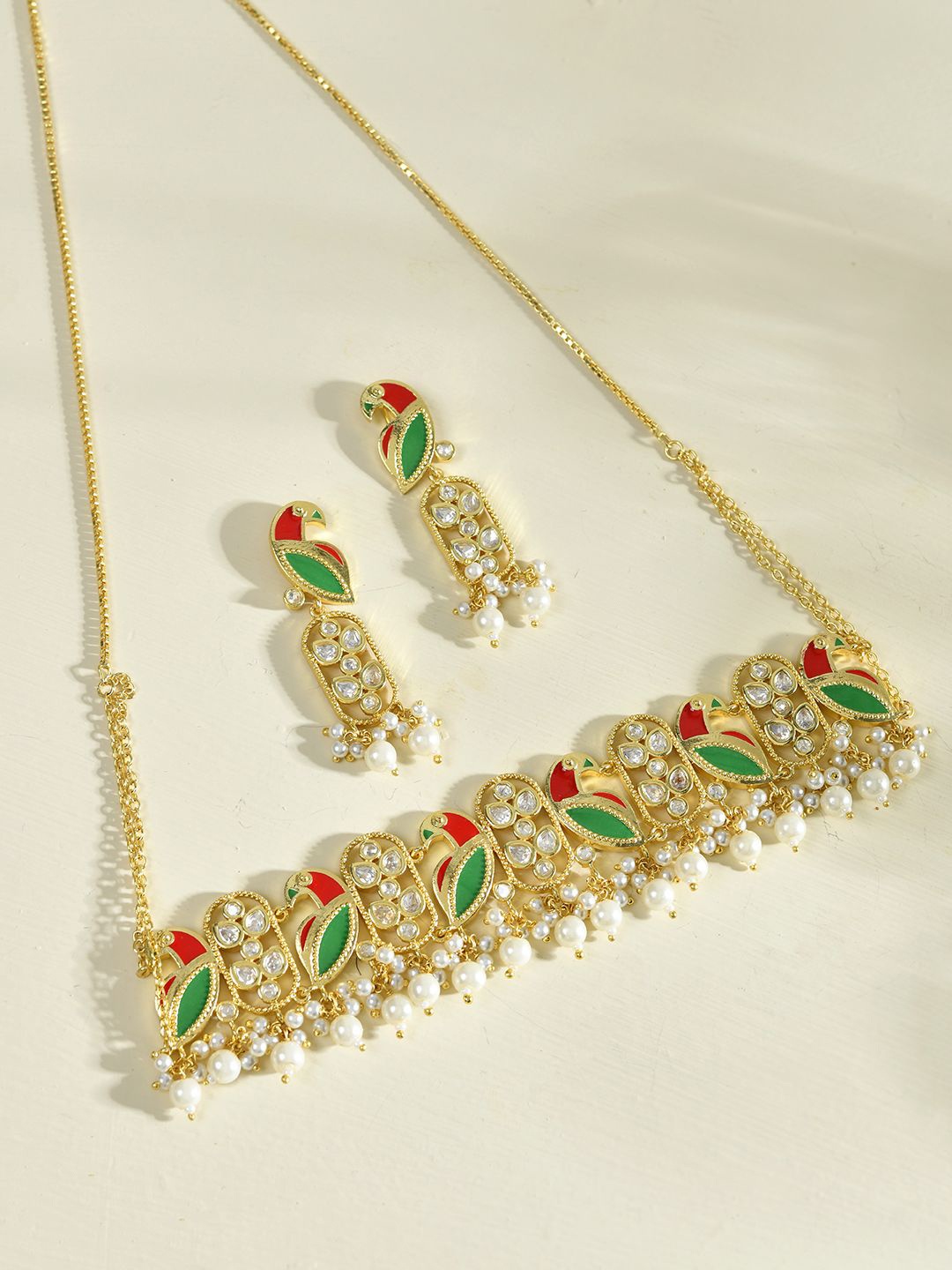 

Voylla Gold Plated Kundan Studded Enamelled Jewellery Set