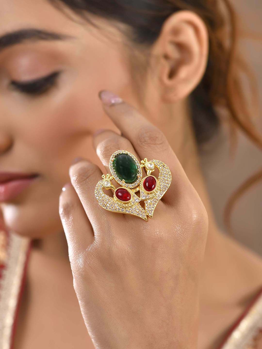 

Voylla Gold Plated Kundan Studded Panchhi Mayurika Finger Ring