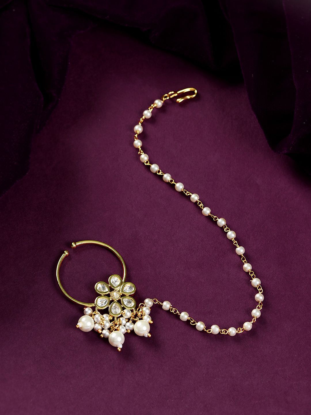 

Voylla Gold Plated Kundan Studded Meenakari Chained Nosepin