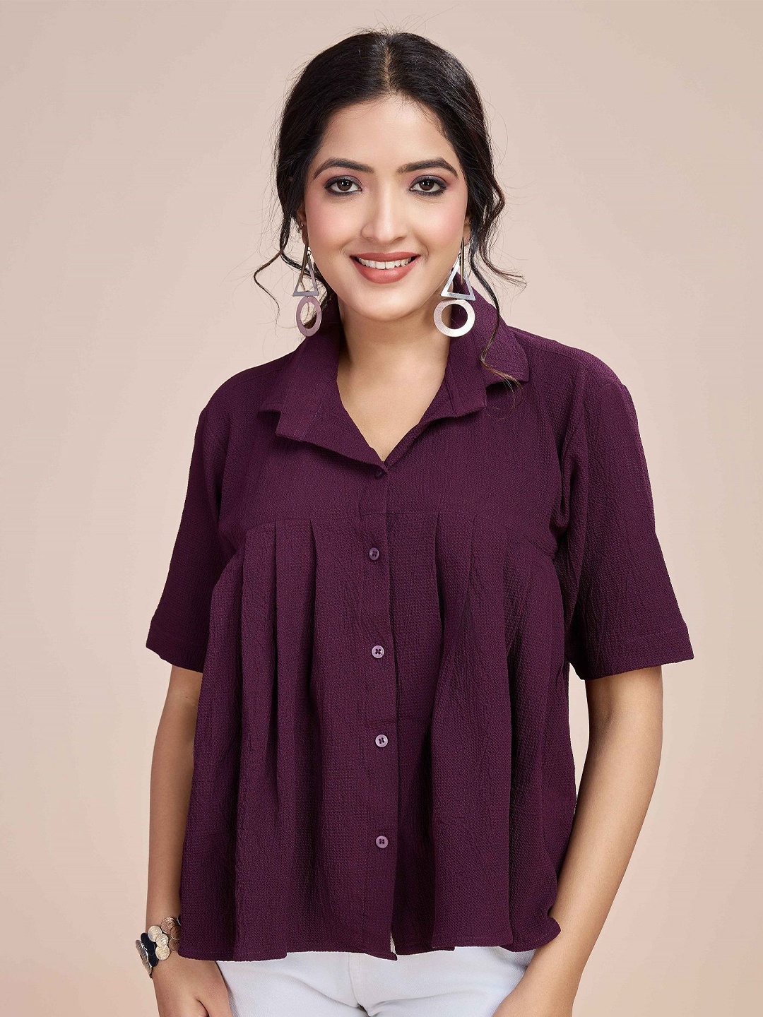 

choiceit Women Pleated Crepe Shirt Style Top, Purple