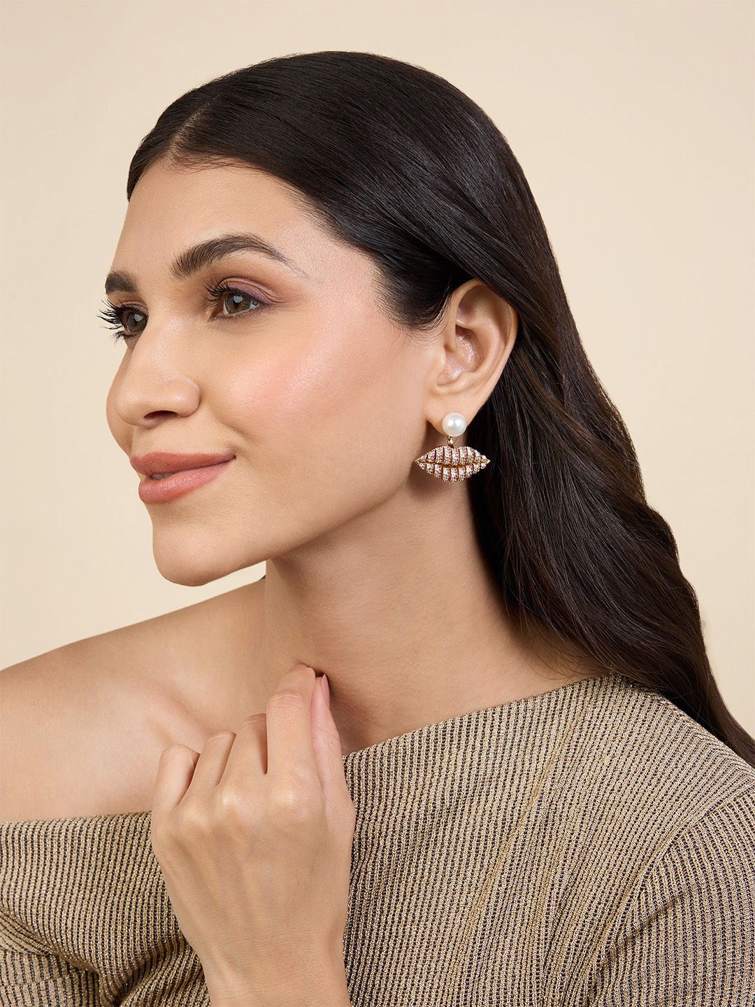 

Isharya 18Kt Gold Plated Artificial Stones and Beads Lip Danglers Drop Earrings
