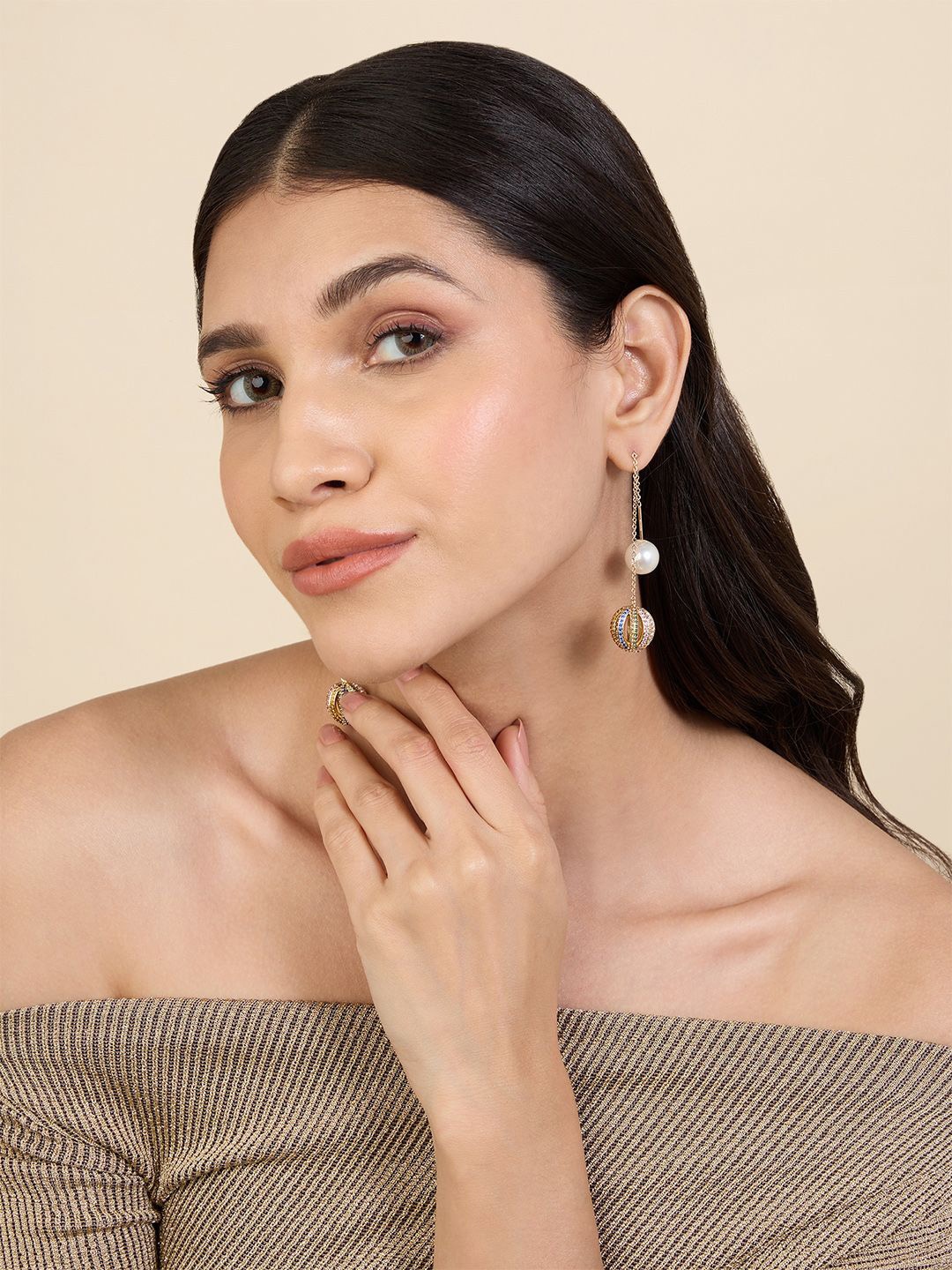 

Isharya 18Kt Gold Plated Artificial Stones and Beads Needle Thread Drop Earrings
