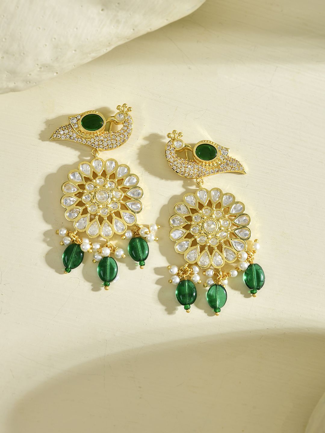 

Voylla Gold Plated Kundan Studded Peacock Shaped Drop Earrings