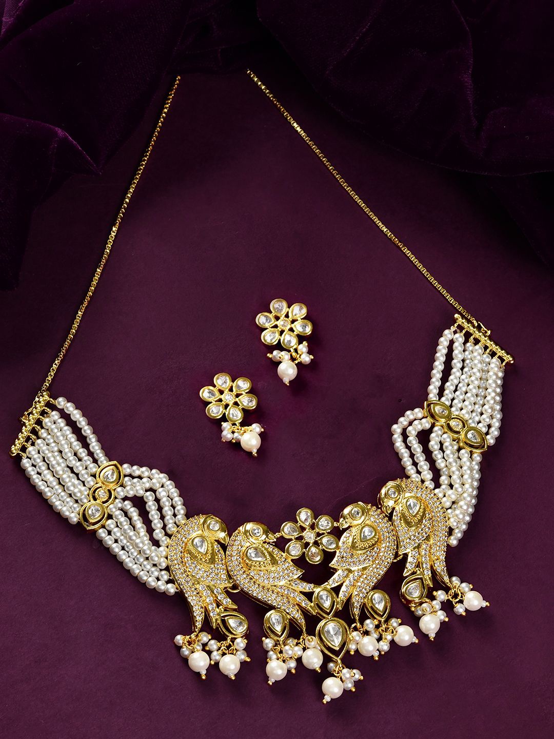 

Voylla Gold Plated Kundan Studded Panchhi Huma Choker Jewellery Set