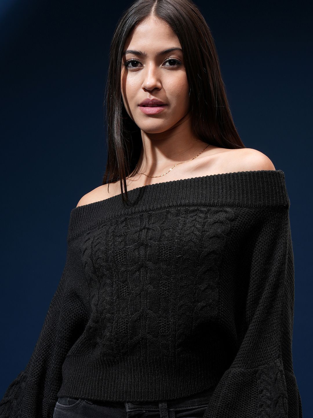 

Tokyo Talkies Women Cable Knit Off Shoulder Pullover, Black