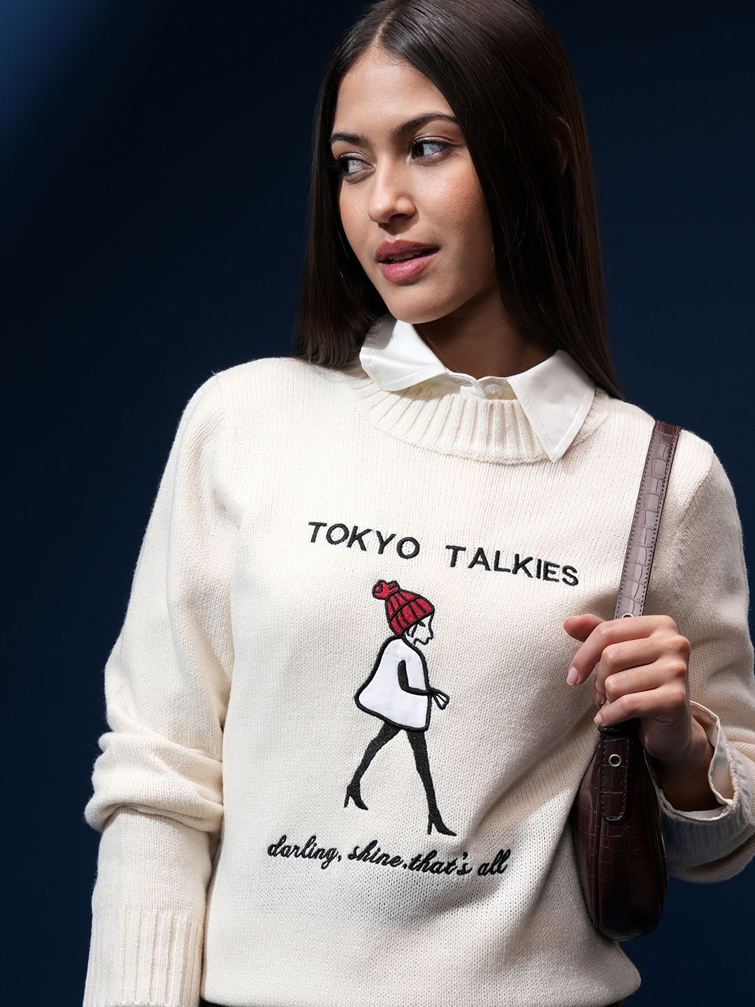 

Tokyo Talkies Women Printed Pullover with Embroidered Detail, Off white