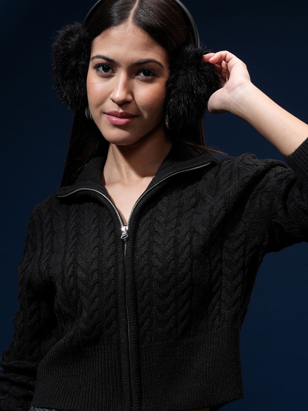 

Tokyo Talkies Women Cable Knit Crop Cardigan, Black