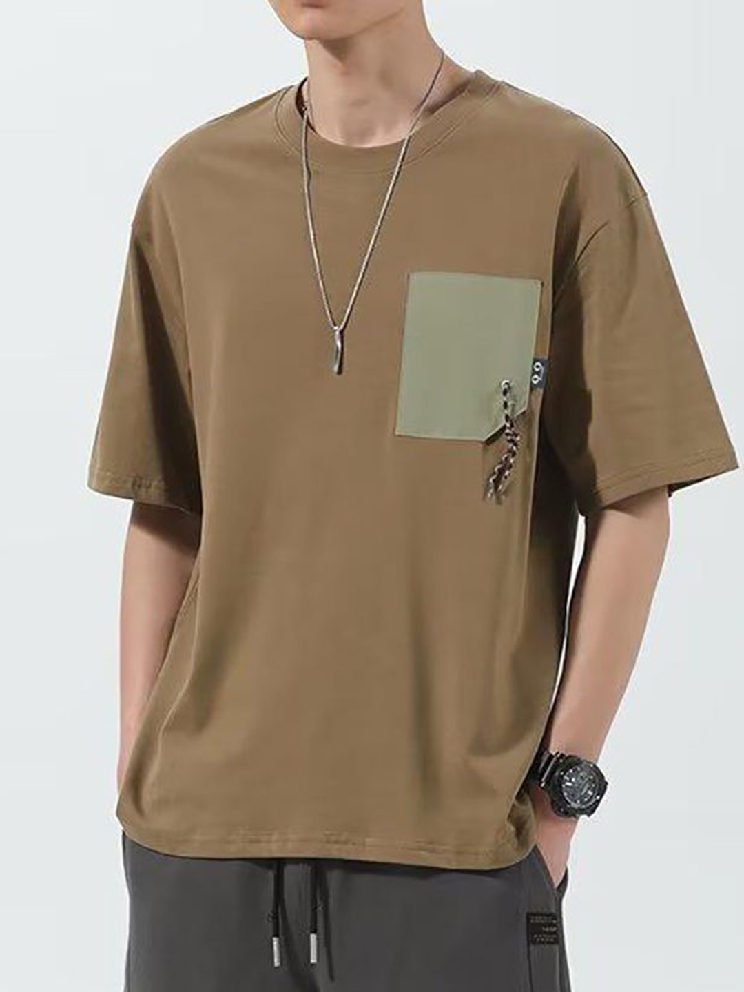 

StyleCast x Revolte Men Solid Round Neck Relaxed Fit T-shirt, Brown