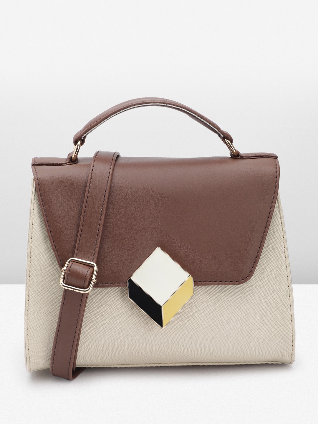 

FABBHUE Colourblocked Structured Satchel, Brown