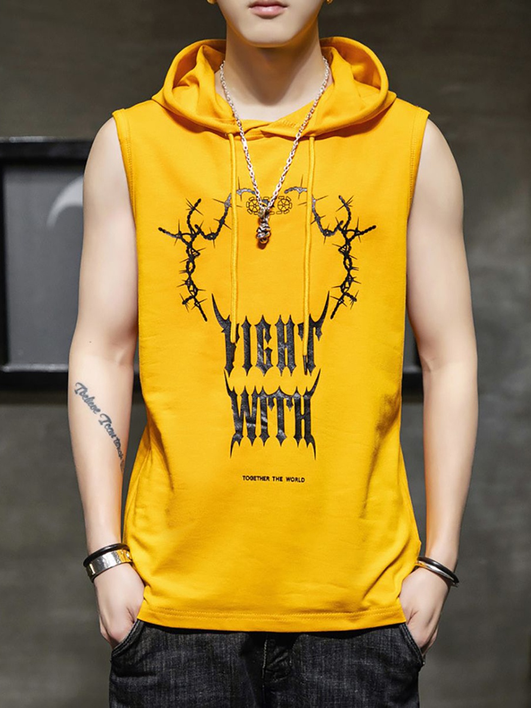 

StyleCast x Revolte Men Graphic Printed Hooded Cotton T-shirt, Yellow