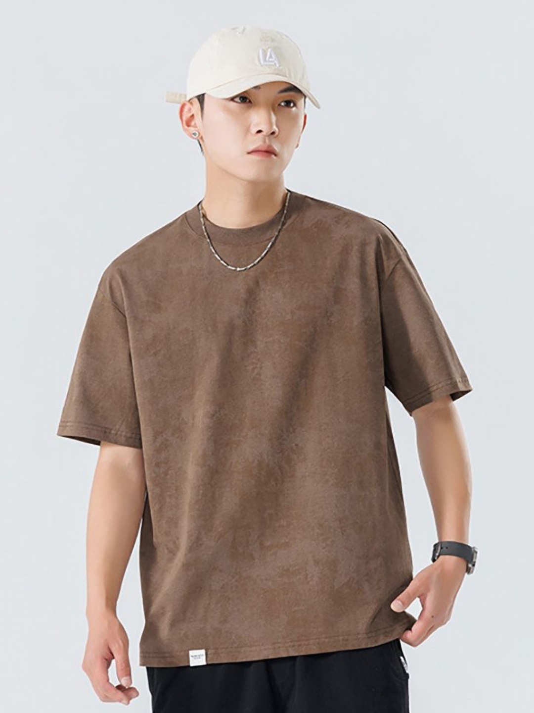 

StyleCast x Revolte Men Solid Round Neck Cotton Relaxed Fit T-shirt, Coffee brown