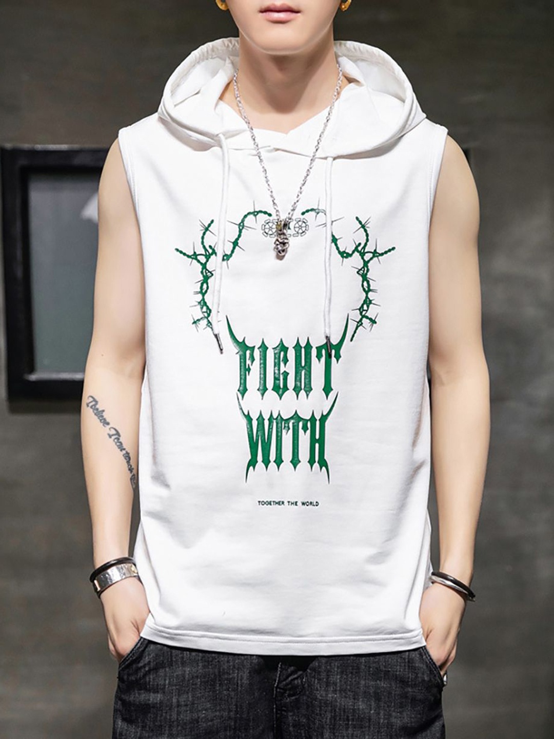 

StyleCast x Revolte Men Graphic Printed Hooded Cotton T-shirt, White