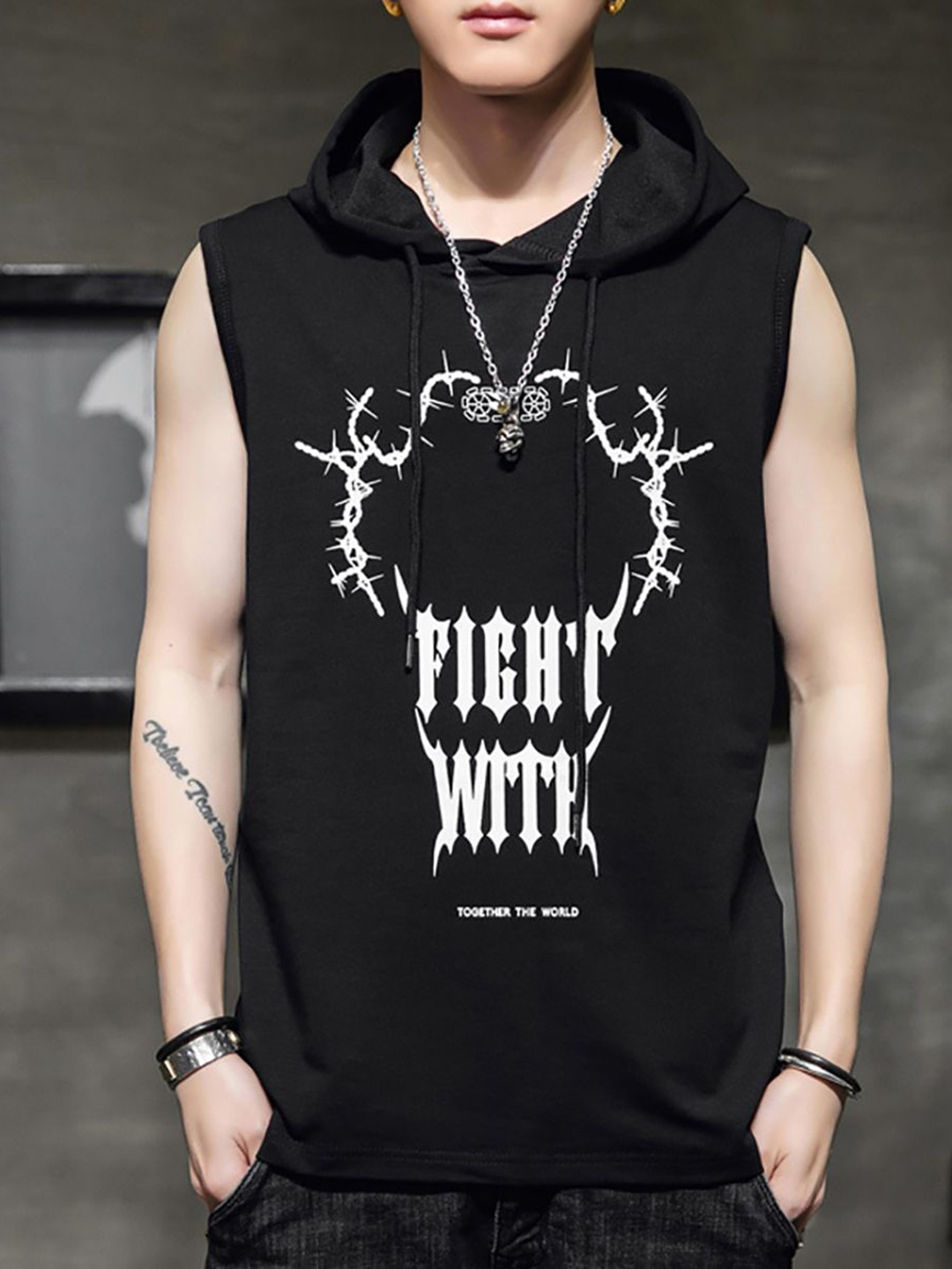 

StyleCast x Revolte Men Graphic Printed Hooded Cotton T-shirt, Black