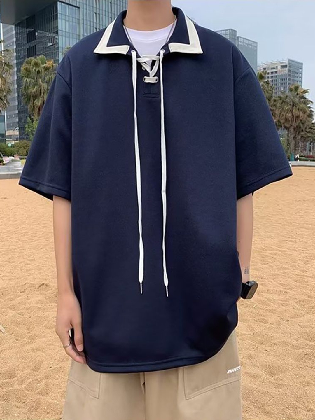 

StyleCast x Revolte Men Solid Polo Collar Oversized T-shirt, Navy blue