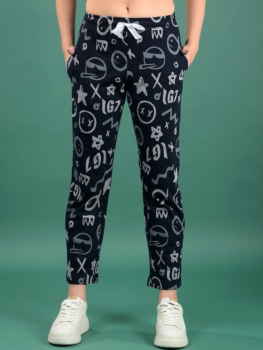 

Dollar Missy Women Printed Relaxed Fit Cotton Trousers, Navy blue