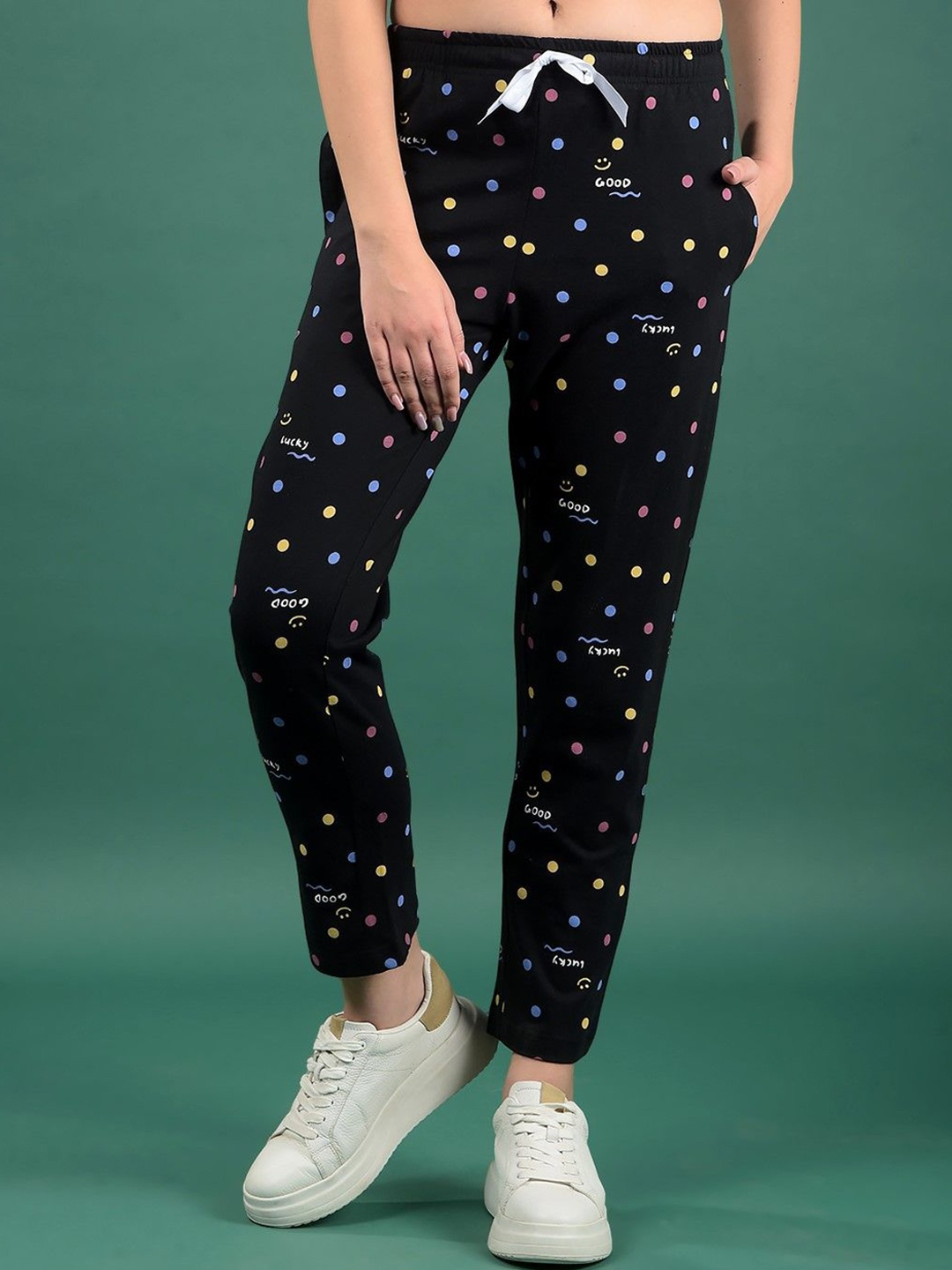 

Dollar Missy Women Printed Relaxed Fit Cotton Trousers, Black
