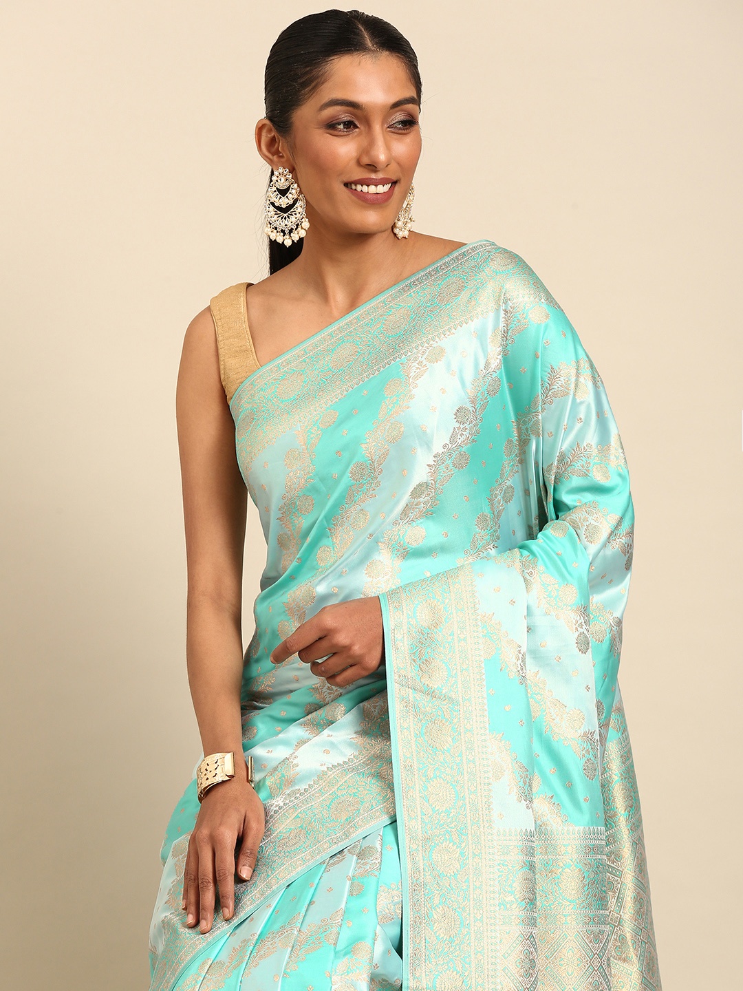

MOHEY Floral Printed Woven Design Saree, Sea green